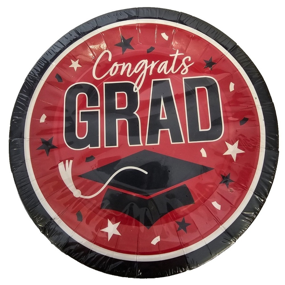 Congrats Grad red, black and white graduation party paper dinner plates 25ct